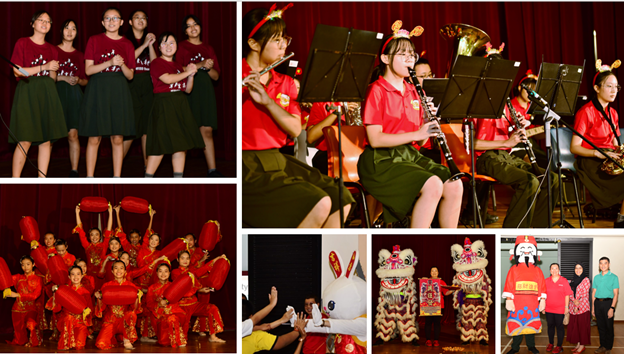 Students in red outfits perform music, dance, and lion dance during a Chinese cultural celebration event.